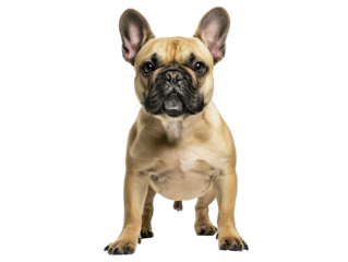 A French Bulldog with brown ears and a serious expression.  The dog is looking directly at the camera.  The dog is sitting on a white background.