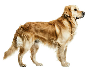 A golden retriever dog standing on a white background, looking to the right.