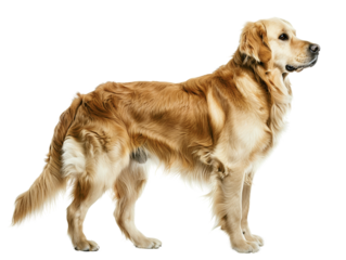 A golden retriever dog standing on a white background, looking to the right.