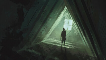 Dread is the lingering presence in the attic at midnight: Illustrate a person standing in an attic at midnight, with a lingering presence seemingly watching them, symbolizing the feeling of dread