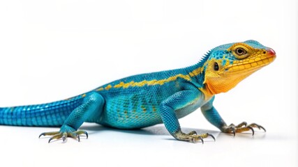 Fototapeta premium Blue and yellow lizard on white background, vibrant colors and unique patterns, reptile with scales and long tail.