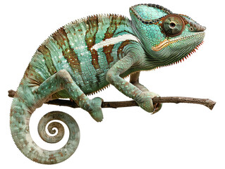 Obraz premium A vibrant green chameleon with red and white markings, perched on a branch. Its tail is curled and its eyes are focused on something unseen.