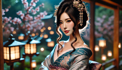 夜の庭園での花魁と桜