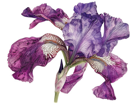Close-up of a single purple iris flower with delicate white markings on its petals.