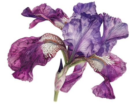 Close-up of a single purple iris flower with delicate white markings on its petals.