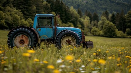 Naklejka premium color photo of a dependable tractor, its sleek blue body contrasting against the vibrant greenery of the field, as it works tirelessly to ensure the success of the farming operation, 