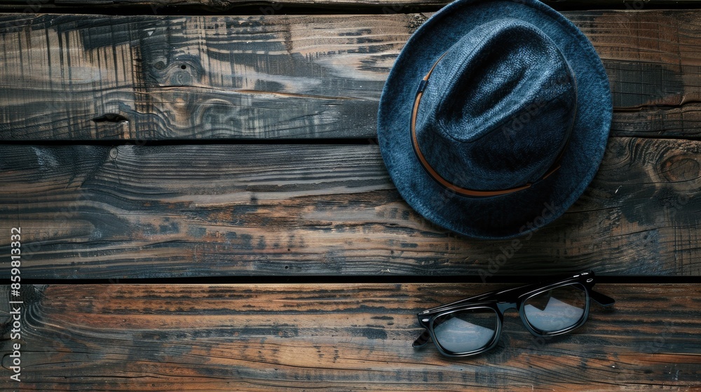 Canvas Prints eyeglasses and hat displayed on wooden surface