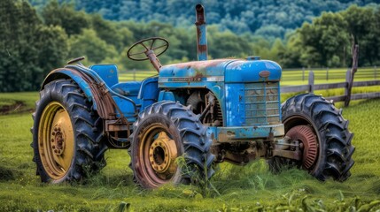 Obraz premium color photo of a dependable tractor, its sleek blue body contrasting against the vibrant greenery of the field, as it works tirelessly to ensure the success of the farming operation, 