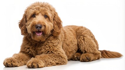 Fototapeta premium A Labradoodle, a brown dog, sitting on a white background.