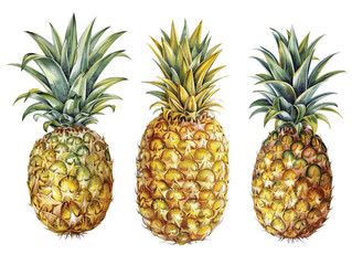 Three ripe pineapples with green leaves arranged in a row against a black background.