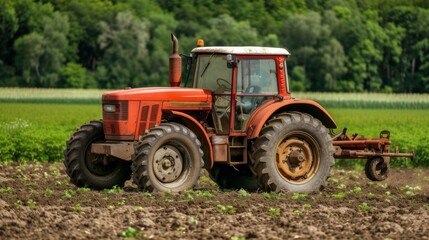 Naklejka premium color photo of a reliable tractor, its vibrant orange body standing out in the midst of a vibrant green field, as it works diligently to prepare the soil for planting, 