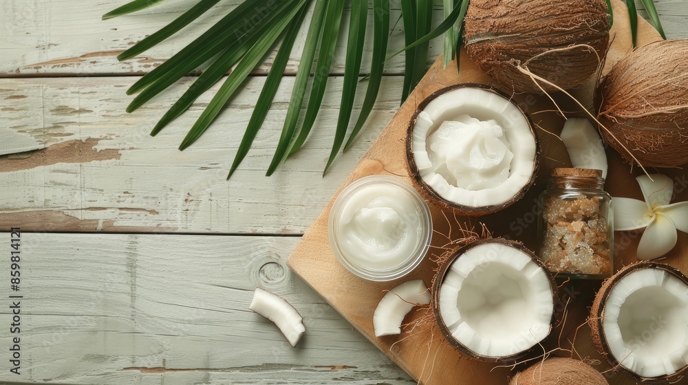 Poster Coconut skincare products on wooden surface