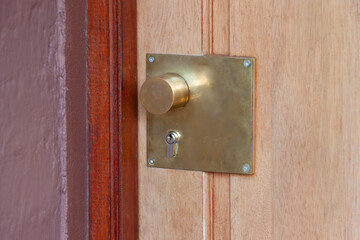door knob and lock, brass gold color plate on the handle, wooden door