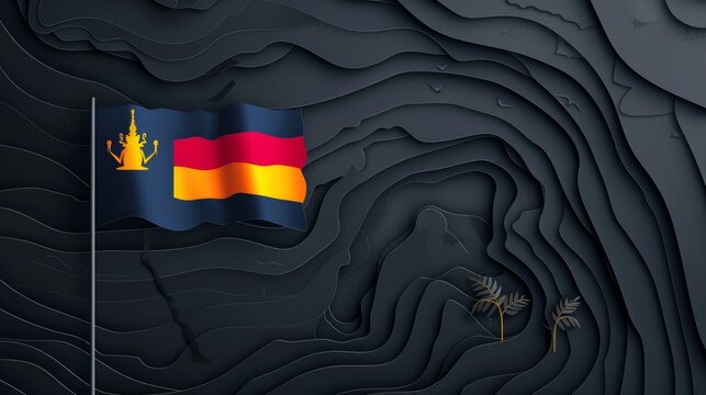 depiction of the flag of Saxony waving against a backdrop of a carved mountain landscape.