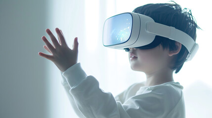 A young boy is playing a video game with a virtual reality headset on. He is holding his hands up in the air, fully immersed in the game