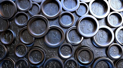 Abstract background of overlapping metallic circles with a textured surface.