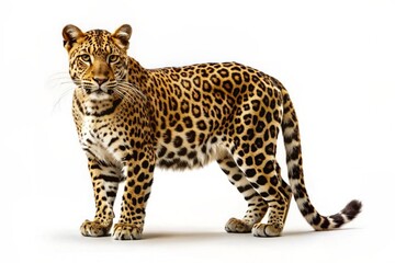 Fototapeta premium Portrait of leopard standing a looking away proudly, Panthera pardus, against white background