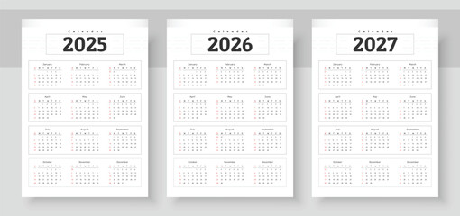 Simple english calendar 2025, 2026 and 2027. The week starts on Sunday. Simple calender layout. Yearly diary. Stationery template with 12 months, Organizer in English. Pocket or wall formats.