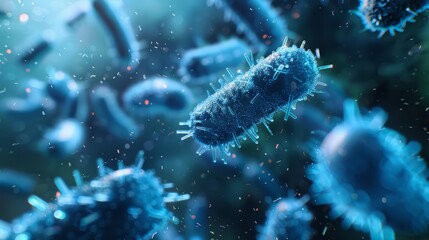Fototapeta premium A microscopic view of bacteria, showing their intricate shapes and textures. The blue hue and blurry background create a sense of depth and movement.