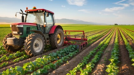 Obraz premium color photo of a resilient tractor, its sturdy frame navigating through a lush green field, tending to the crops with precision and care, 