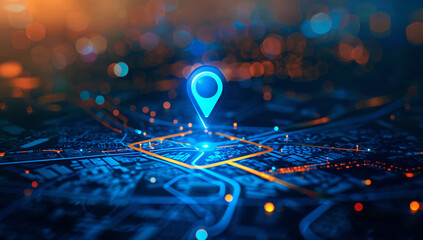 a map with a pin on it and a city in the background