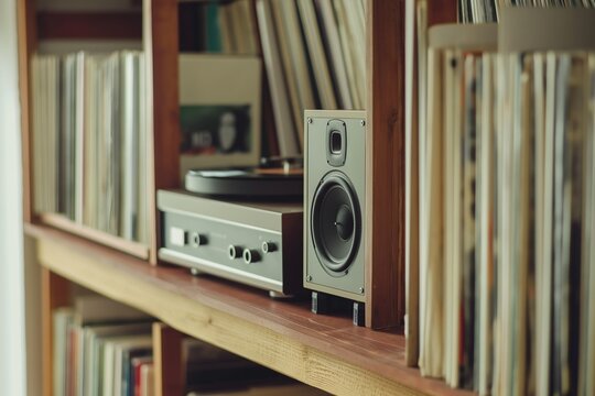 Vintage turntable and speaker on wooden shelf, music concept