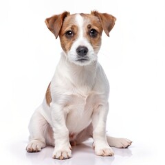 Small Jack Russell terrier sitting on white background.