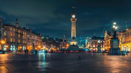 Fototapeta premium A breathtaking night view of a historic city square with illuminated buildings and a prominent clock tower in the center.