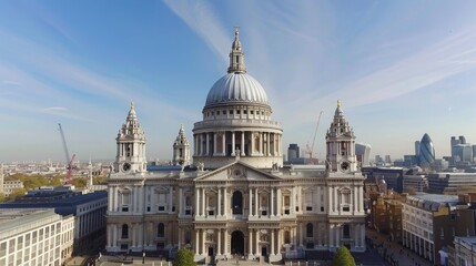 A stunning aerial view of a grand historic cathedral with a large dome, set against a clear blue sky, in the heart of a bustling city.