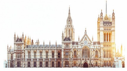 Fototapeta premium A stunning image of a historic Gothic-style palace with intricate architectural details and towers, illuminated by sunset light.