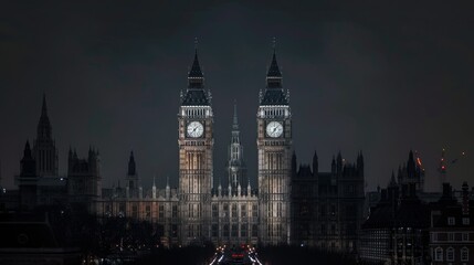 A stunning nighttime view of the iconic towers of the Palace of Westminster, beautifully...