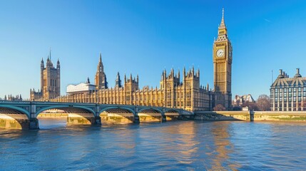 A stunning view of the Houses of Parliament and Big Ben under a clear blue sky with the River Thames reflecting the historic architecture.