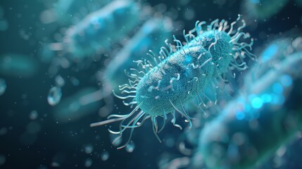 Fototapeta premium Abstract microscopic image of a blue virus with spikes. Suitable for concepts of disease, health, or science.