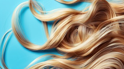 Blond hair strands styled on blue backdrop Hair coloring care styling at salon