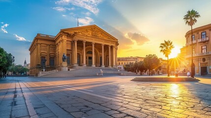 Obraz premium Beautiful sunset over the historic opera house with classic architecture, palm trees, and a serene plaza in a European city.