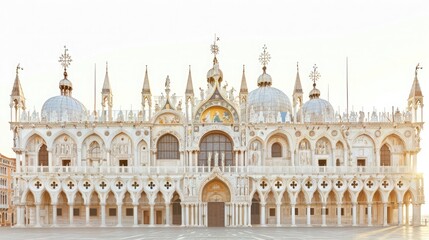 Fototapeta premium Stunning sunrise view of St. Mark's Basilica in Venice, Italy, featuring beautiful architecture and intricate details.