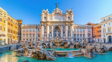 Stunning view of the Trevi Fountain in Rome, Italy, featuring magnificent baroque architecture and clear blue skies.
