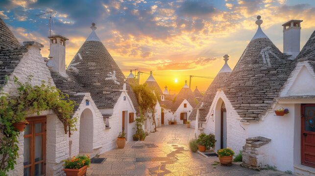 Stunning sunset over traditional trulli houses with conical roofs, capturing the charm of Alberobello in Puglia, Italy.