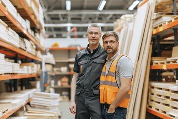 Two salesmen posing in warehouse aisle, warehouse workers concept