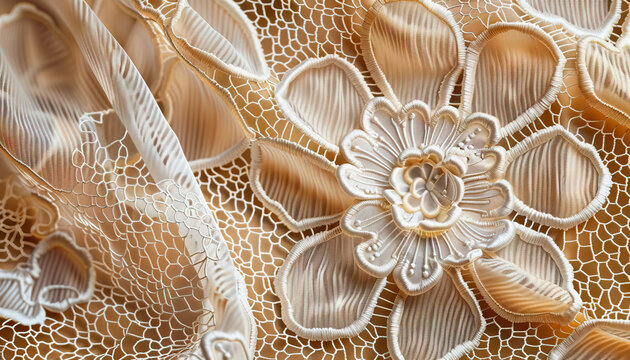 Lace is the intricate, ornate texture of timeless sophistication: Illustrate a close-up of lace, with its intricate and ornate texture symbolizing timeless sophistication and beauty