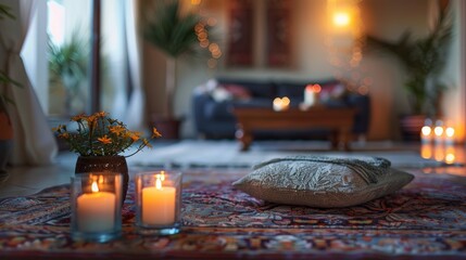 Cozy Home Interior with Burning Candles and Flowers