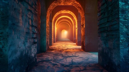 Fototapeta premium Illuminated ancient corridor leads to modern spirituality 