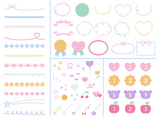 ガーリーな飾りイラストのベクターイラストセット　フレーム　ハート　花　吹き出し　数字　リボン