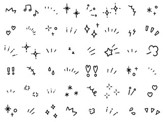 手書きの飾りイラストのベクターイラストセット。手描き、集中線、注目、星、ハート、キラキラ