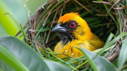 African southern masked weaver, Ploceus velatus, build the green grass nest. Yellow birds with black head with red eye, animal