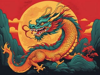 Obraz premium Dragon with red head and yellow tail on a cloud, perfect for fantasythemed designs, childrens illustrations, and magical storytelling projects.