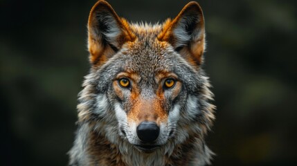 Alert Eurasian wolf, canis lupus, facing camera in summer forest from front view with copy space