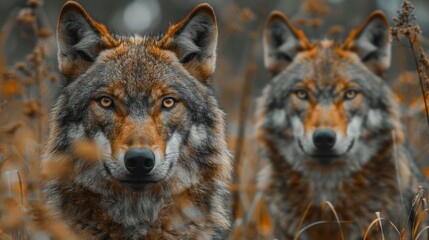 Fototapeta premium Alert Eurasian wolf, canis lupus, facing camera in summer forest from front view with copy space