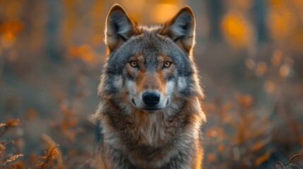 Fototapeta premium Alert Eurasian wolf, canis lupus, facing camera in summer forest from front view with copy space