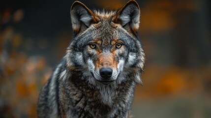 Obraz premium Alert Eurasian wolf, canis lupus, facing camera in summer forest from front view with copy space